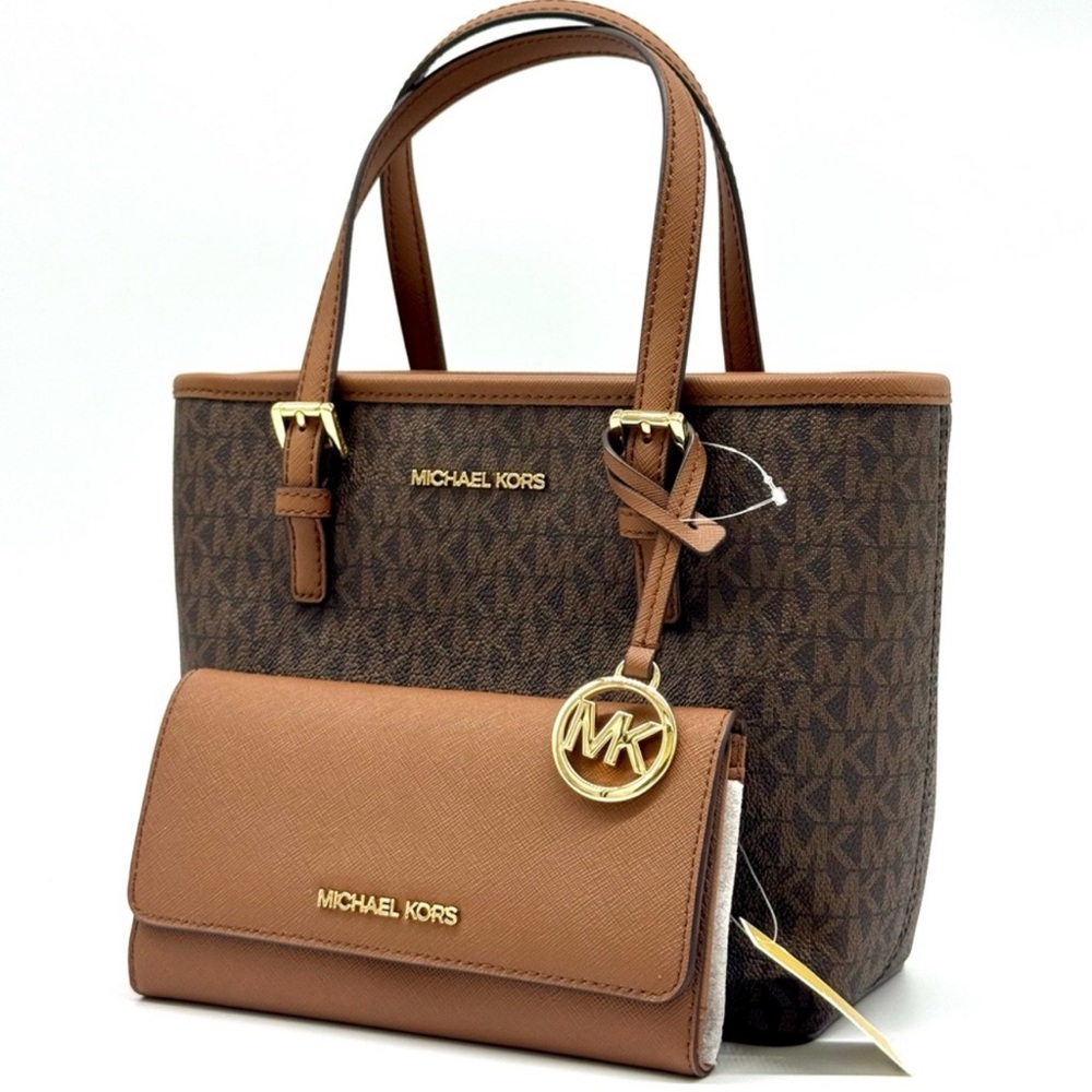 Michael Kors JST XS Logo TZ Tote Bag & Matching Trifold Wallet Signature Brown